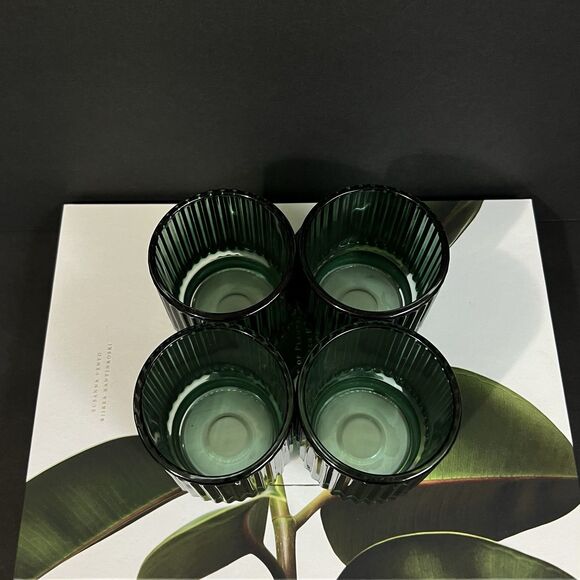 Ribbed Glass Votive Candle Holder Emerald Green Round Holiday Wedding Decor - Picture 9 of 17